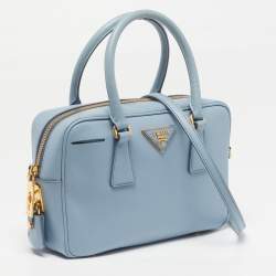 Pre Owned Prada Bauletto Pale Blue Saffiano Lux Leather Zip Satchel