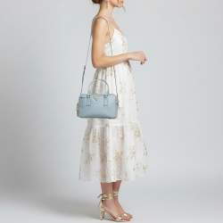 Pre Owned Prada Bauletto Pale Blue Saffiano Lux Leather Zip Satchel