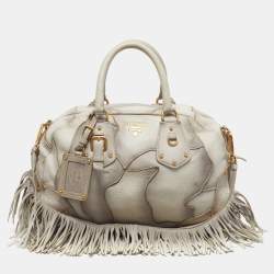 Pre Owned Prada White Ombre Deerskin Leather Croc and Lizard Patchwork Bowler Bag