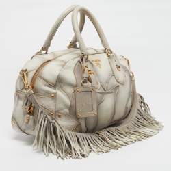 Pre Owned حقيبة بولر برادا بتأثير أومبري جلد سرب قريدي وباتشورك تمساح وسحلية أبيض