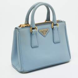 Pre Owned Prada Double Zip Mini Light Blue Saffiano Lux Leather Tote