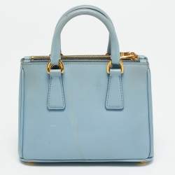 Pre Owned Prada Double Zip Mini Light Blue Saffiano Lux Leather Tote