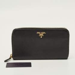 Pre Owned Prada Black Saffiano Leather Zip Around Wallet