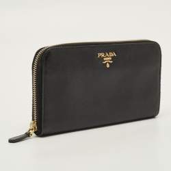 Pre Owned Prada Black Saffiano Leather Zip Around Wallet