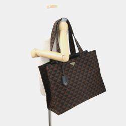 Pre Owned Prada Triangle Jacquard Tote Bag Brown/Black Canvas Leather
