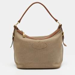 Pre Owned Prada Beige/Tan Logo Jacquard Canvas and Leather Hobo