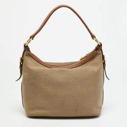Pre Owned Prada Beige/Tan Logo Jacquard Canvas and Leather Hobo