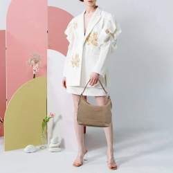 Pre Owned Prada Beige/Tan Logo Jacquard Canvas and Leather Hobo