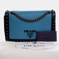 Pre Owned Prada Black Blue Bicolor Glace Calfskin Studded Crossbody