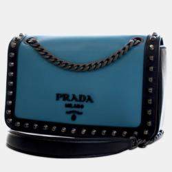 Pre Owned Prada Black Blue Bicolor Glace Calfskin Studded Crossbody