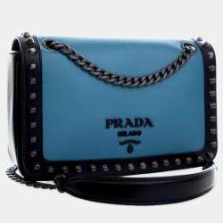Pre Owned Prada Black Blue Bicolor Glace Calfskin Studded Crossbody