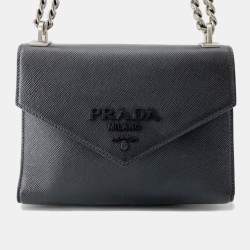 Pre Owned Prada Saffiano Leather Logo Chain shoulder Bag Black Leather