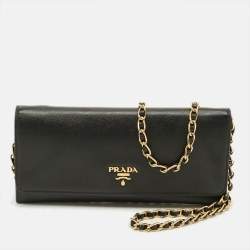 Pre Owned Prada Black Saffiano Leather Wallet on Chain