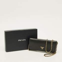 Pre Owned Prada Black Saffiano Leather Wallet on Chain