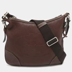 Pre Owned Prada Logo Embossed Brown Leather Crossbody Bag