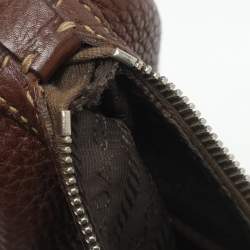 Pre Owned Prada Logo Embossed Brown Leather Crossbody Bag