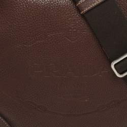 Pre Owned Prada Logo Embossed Brown Leather Crossbody Bag