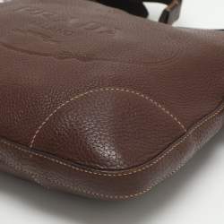 Pre Owned Prada Logo Embossed Brown Leather Crossbody Bag