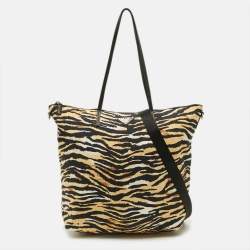 Pre Owned Prada Tessuto Black/Beige Animal Print Nylon and Leather Tote