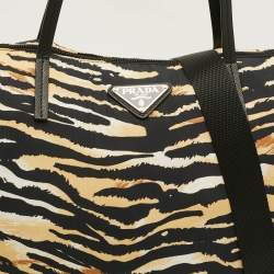 Pre Owned Prada Tessuto Black/Beige Animal Print Nylon and Leather Tote