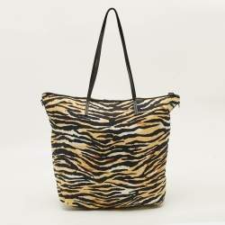 Pre Owned Prada Tessuto Black/Beige Animal Print Nylon and Leather Tote