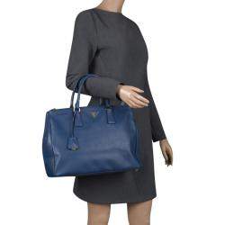 Pre Owned Prada Blue Saffiano Lux Leather Large Double Zip Tote