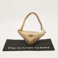 Pre Owned Prada Triangle Crystal Studded Gold Satin Shoulder Bag