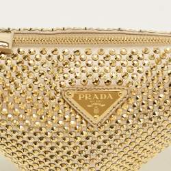 Pre Owned Prada Triangle Crystal Studded Gold Satin Shoulder Bag