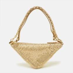 Pre Owned Prada Triangle Crystal Studded Gold Satin Shoulder Bag