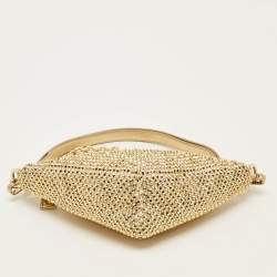 Pre Owned Prada Triangle Crystal Studded Gold Satin Shoulder Bag