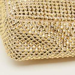 Pre Owned Prada Triangle Crystal Studded Gold Satin Shoulder Bag