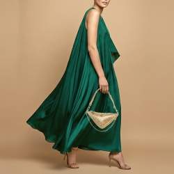 Pre Owned Prada Triangle Crystal Studded Gold Satin Shoulder Bag