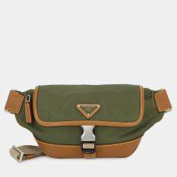 Pre Owned Prada Triangle Logo Shoulder Crossbody Bag Khaki/Brown Nylon Leather