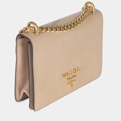Pre Owned Prada Lux Logo Chain Flap Small Cammeo Saffiano Leather Shoulder Bag