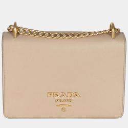 Pre Owned Prada Lux Logo Chain Flap Small Cammeo Saffiano Leather Shoulder Bag
