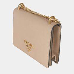 Pre Owned Prada Lux Logo Chain Flap Small Cammeo Saffiano Leather Shoulder Bag