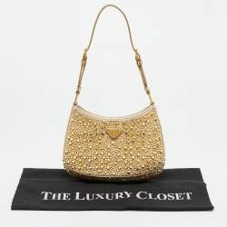 Pre Owned Prada Cleo Gold Crystals Studded Satin Shoulder Bag