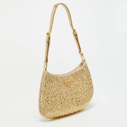 Pre Owned Prada Cleo Gold Crystals Studded Satin Shoulder Bag