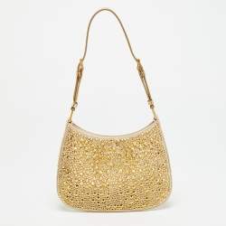 Pre Owned Prada Cleo Gold Crystals Studded Satin Shoulder Bag