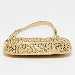 Pre Owned Prada Cleo Gold Crystals Studded Satin Shoulder Bag