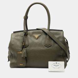 Pre Owned Prada Green Vitello Daino Zip Top Convertible Tote