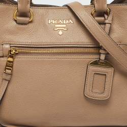 Pre Owned Prada Front Zip Beige Vitello Daino Leather Tote
