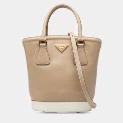 Pre Owned Prada Brown White Saffiano Bucket Bag