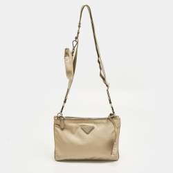 Pre Owned Prada Re-Edition 2000 Double Zip Beige Nylon and Saffiano Leather Crossbody Bag
