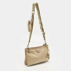 Pre Owned Prada Re-Edition 2000 Double Zip Beige Nylon and Saffiano Leather Crossbody Bag