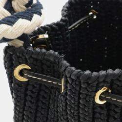 Pre Owned Prada Crochet Mini Bucket Bag Shoulder Bag With Rope Strap Raffia-Embellished Viscose And Leather Black