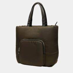 Pre Owned Prada Triangle Logo Plate Tote Bag/Shoulder Bag 2-Way Khaki Green Nylon Leather