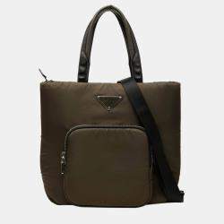 Pre Owned Prada Triangle Logo Plate Tote Bag/Shoulder Bag 2-Way Khaki Green Nylon Leather