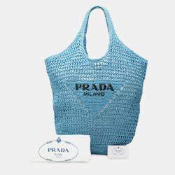Pre Owned Prada Crochet Handbag Tote Bag Light Blue Raffia