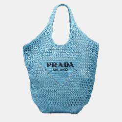 Pre Owned Prada Crochet Handbag Tote Bag Light Blue Raffia
